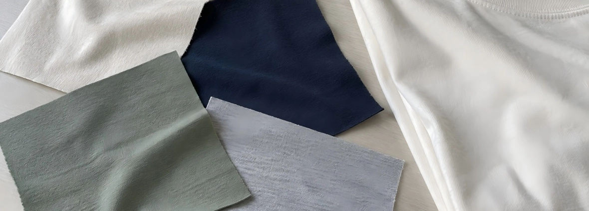 Fabric swatches beside a folded T-shirt on a sample table