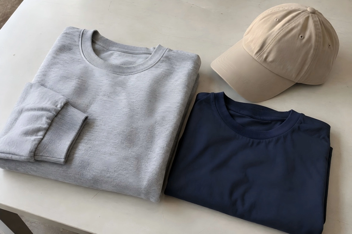 Plain sweatshirt, T-shirt and cap arranged on a sample table