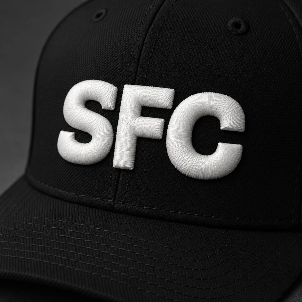 Raised white SFC 3D embroidery on a black cap
